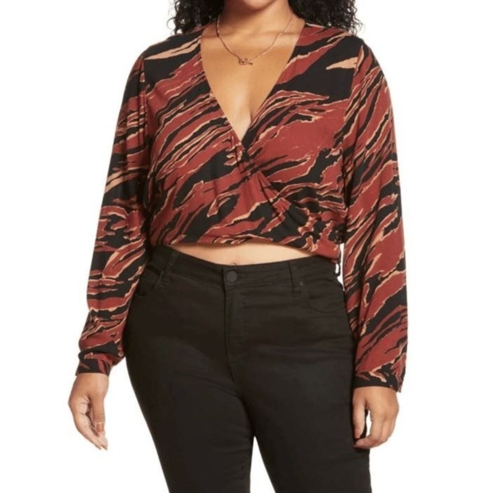 BP. Women's Plus Size Surplice V-Neck Faux Wrap Crop Top Brown Burnout Tiger 3X